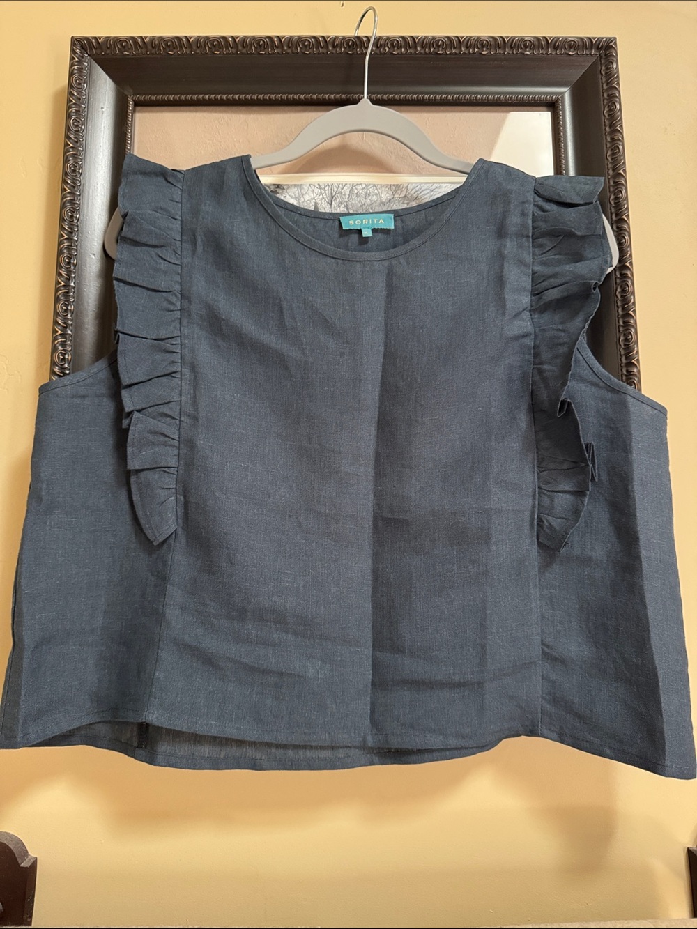Navy Ruffle Cold-Shoulder Linen Top handmade off Etsy